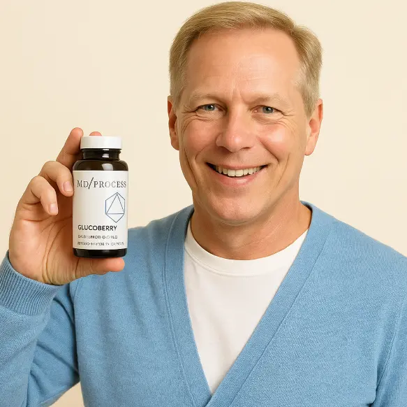 Smiling man holding GlucoBerry